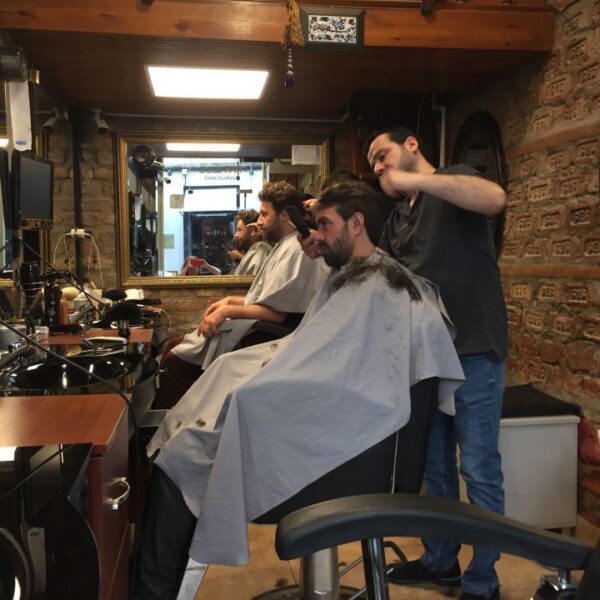 Nomadenschaetze: May 2019. Fidel and Anatole at the barber's. Istanbul, Beyoglu.