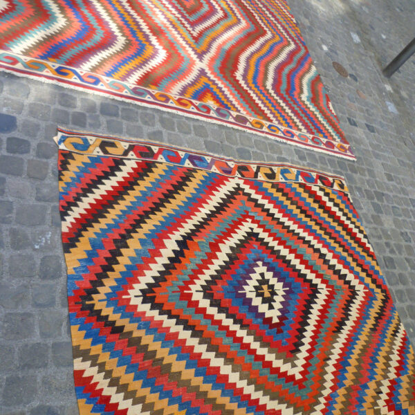 Nomadenschaetze: An antique Karapinar kilim and, above, a replica done for a customer in natural dyes